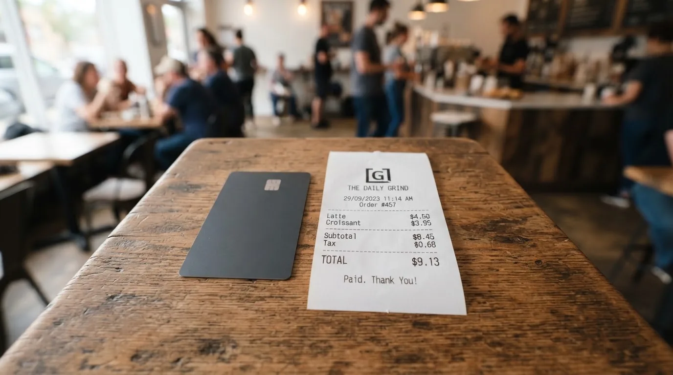 A receipt and a card on a café table
