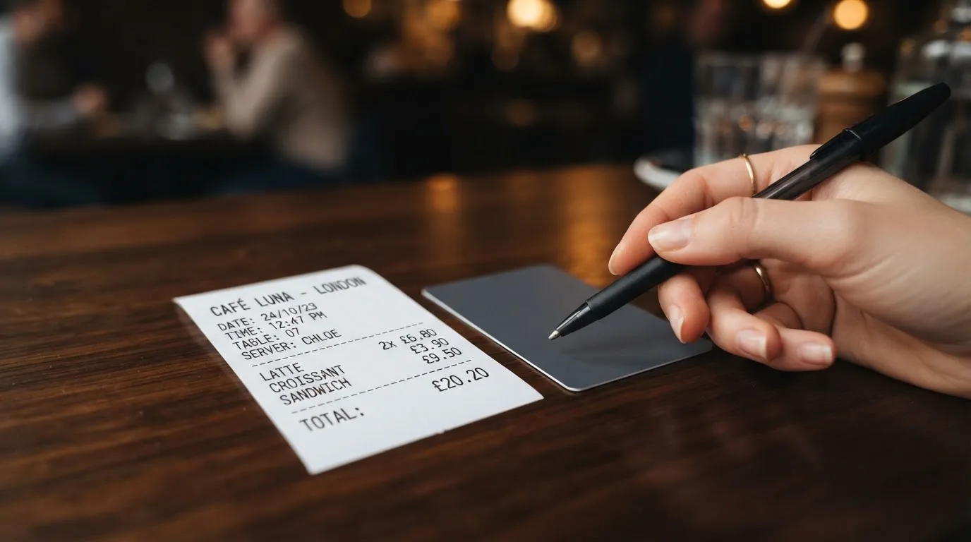 A receipt and a card on a café table