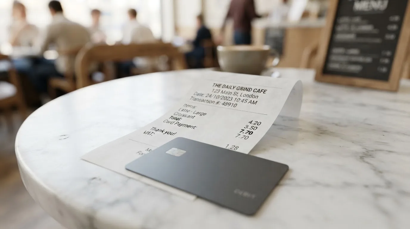 A receipt and a card on a café table