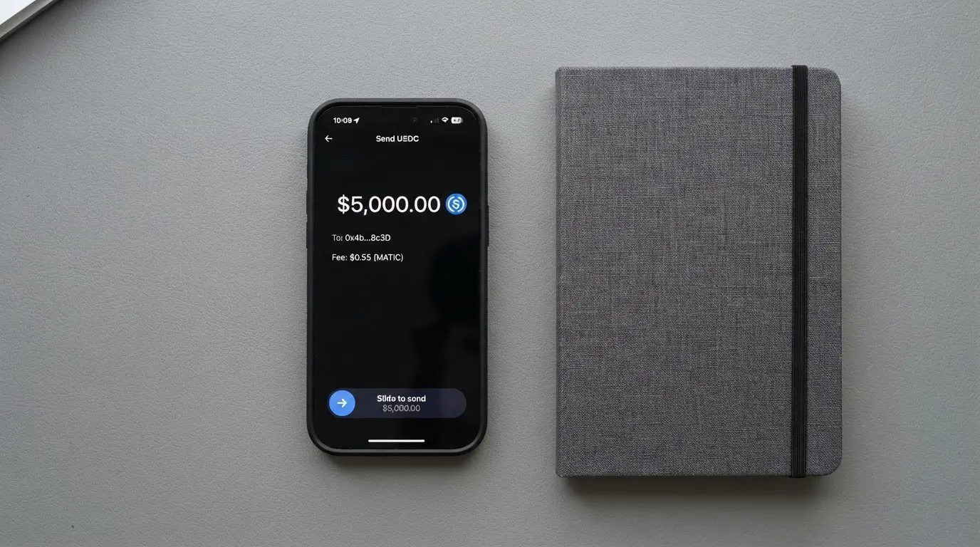 A phone showing a stablecoin transfer screen