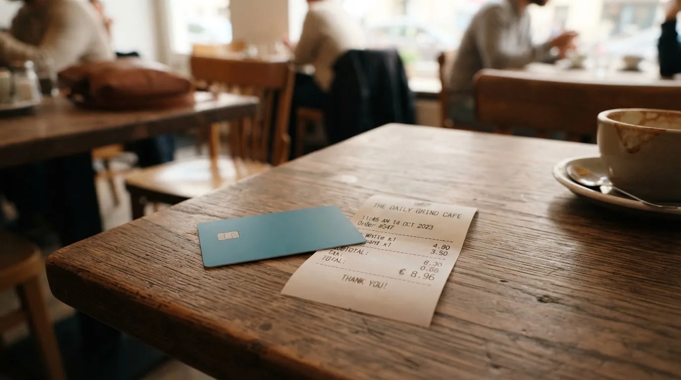 A receipt and a card on a café table