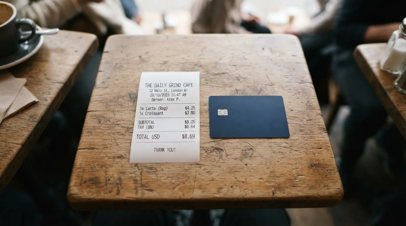 A receipt and a card on a café table