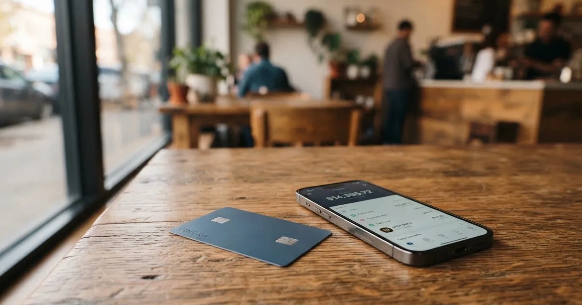 A payment card next to a phone with a crypto wallet app open
