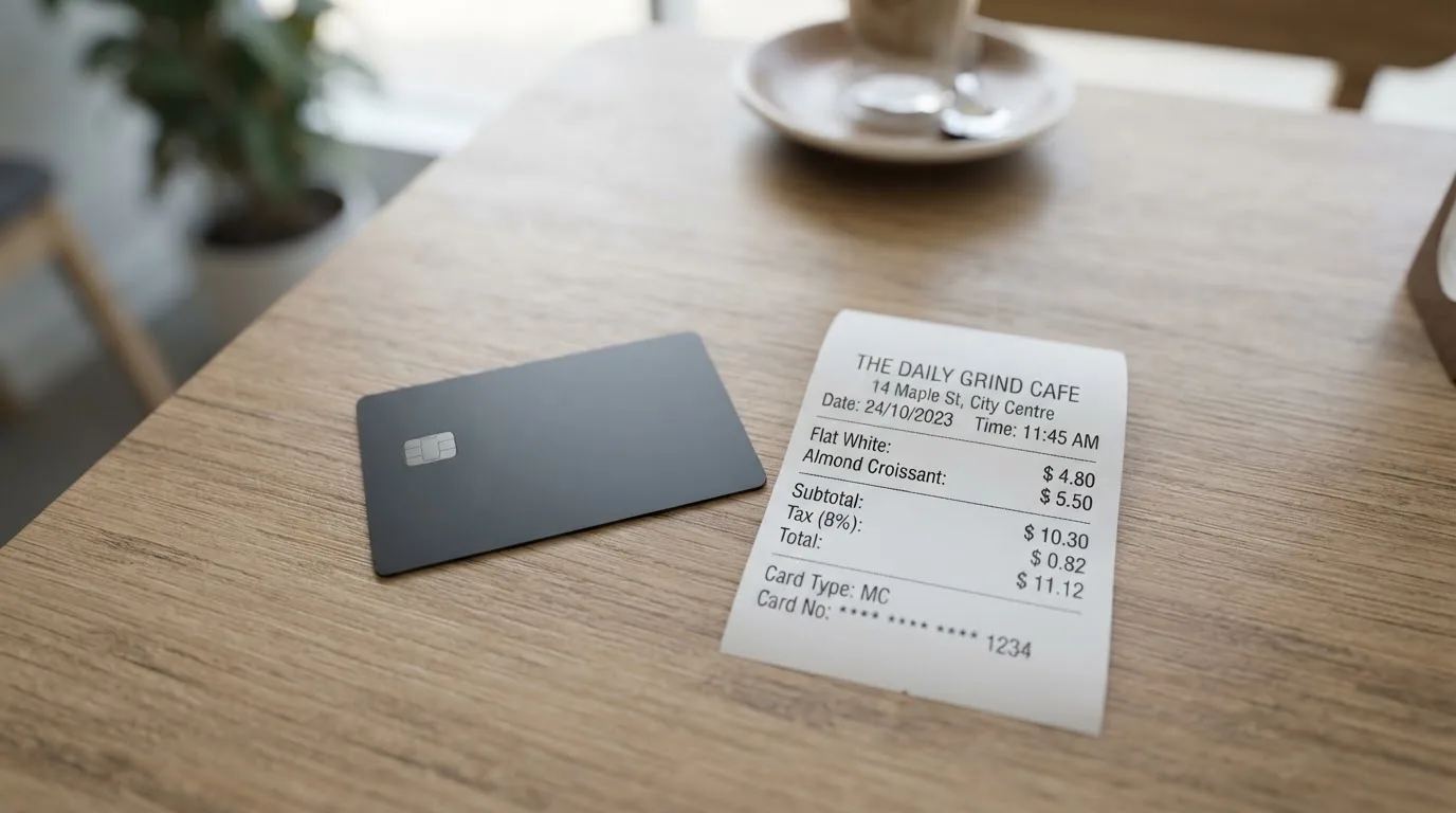 A receipt and a card on a café table