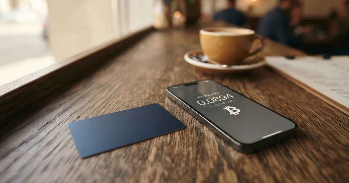 A payment card next to a phone with a crypto wallet app open