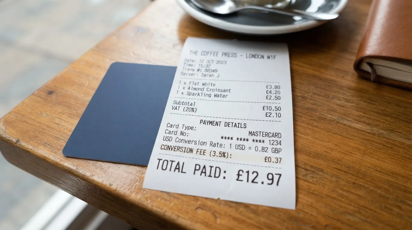 A receipt and a card on a café table