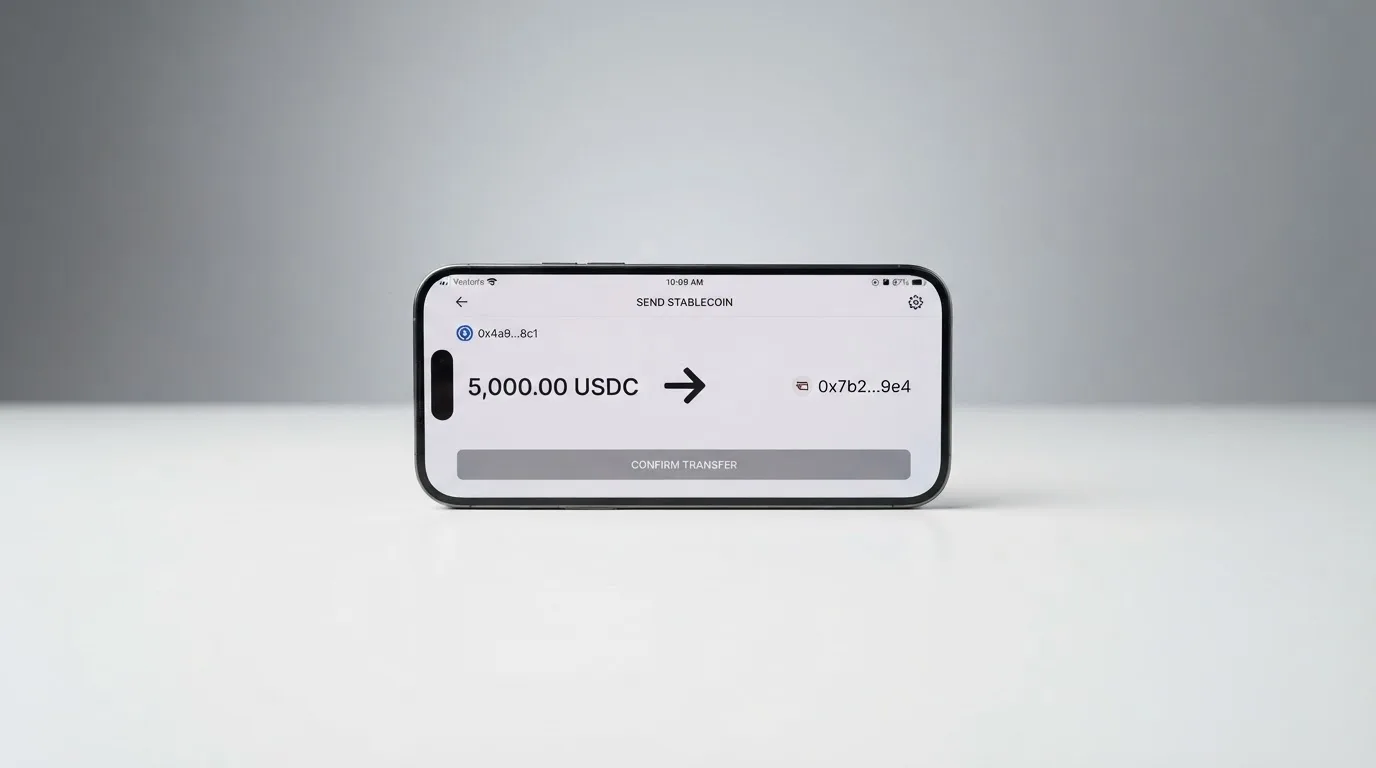 A phone showing a stablecoin transfer screen
