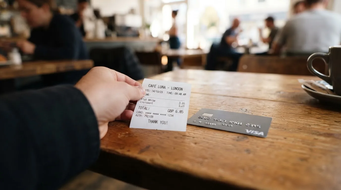 A receipt and a card on a café table
