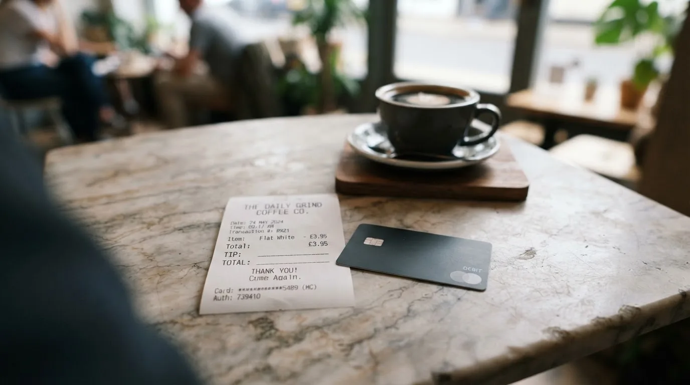 A receipt and a card on a café table