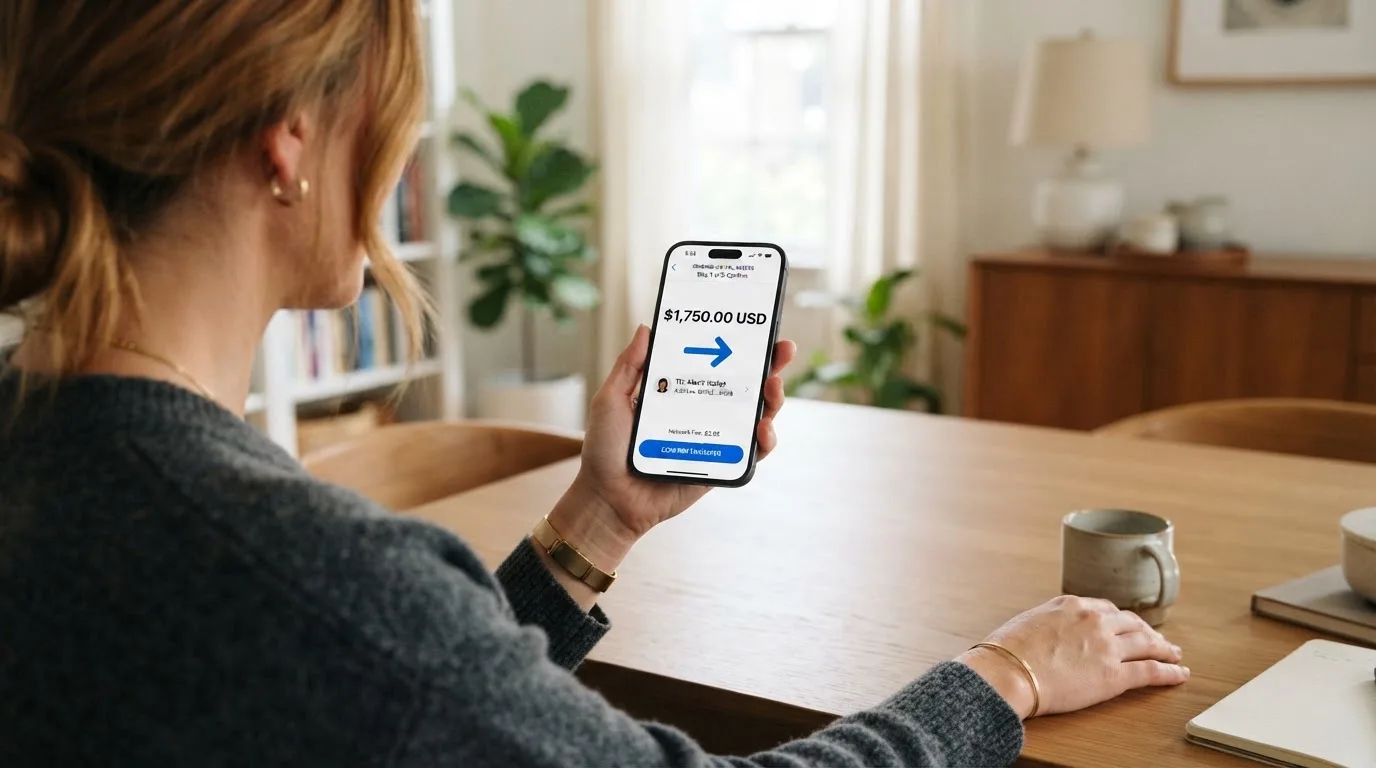 A phone showing a stablecoin transfer screen