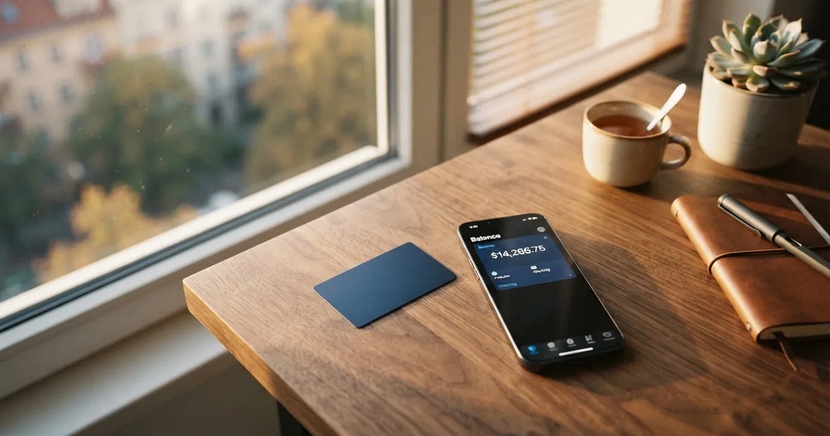 A payment card next to a phone with a crypto wallet app open