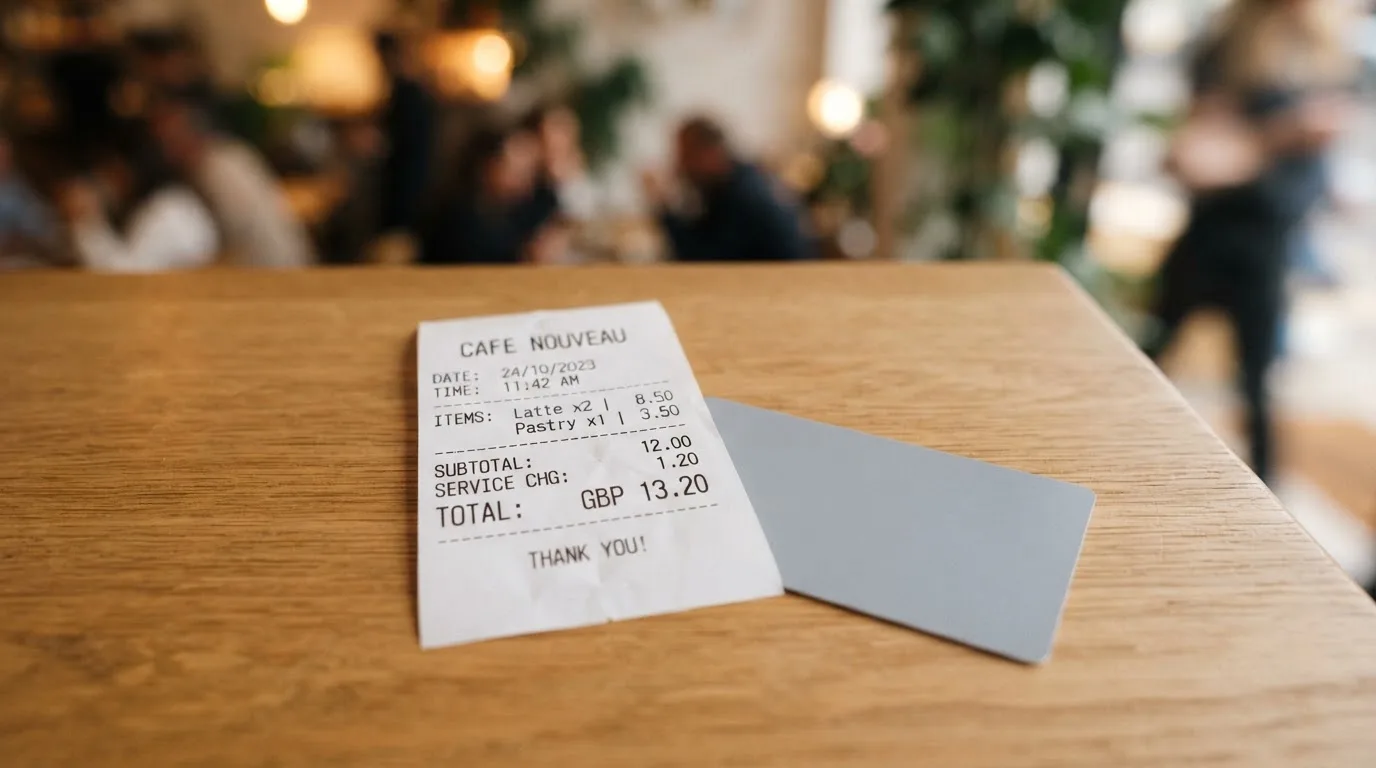 A receipt and a card on a café table