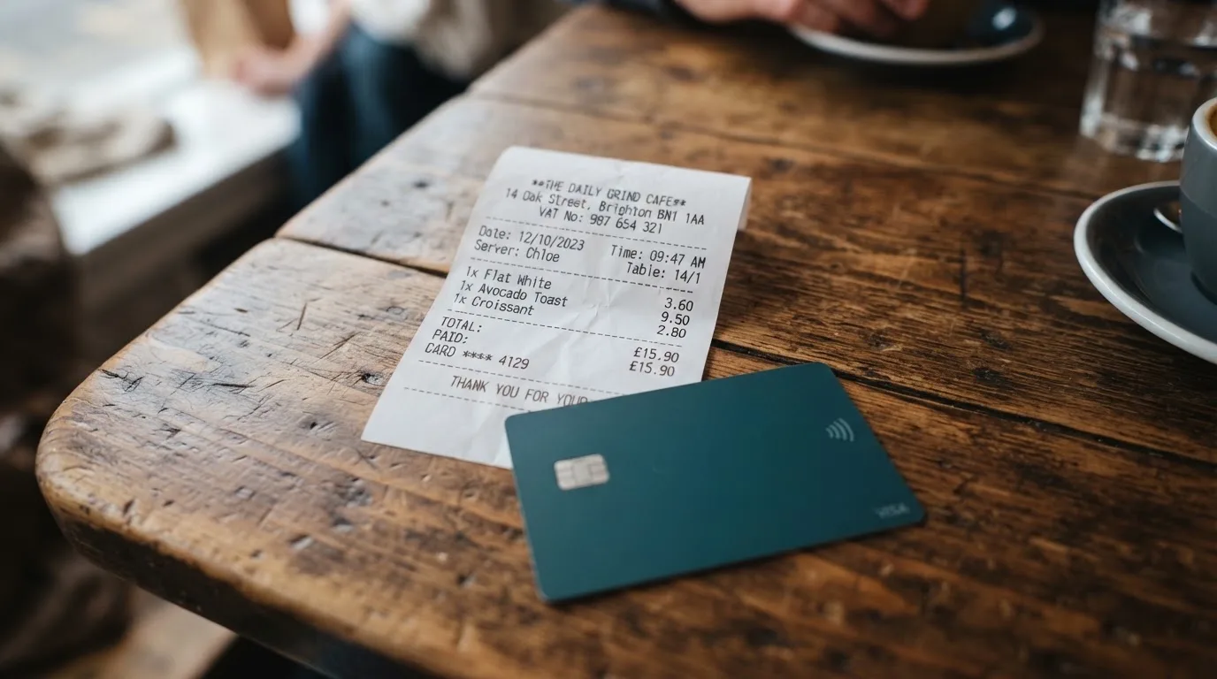 A receipt and a card on a café table