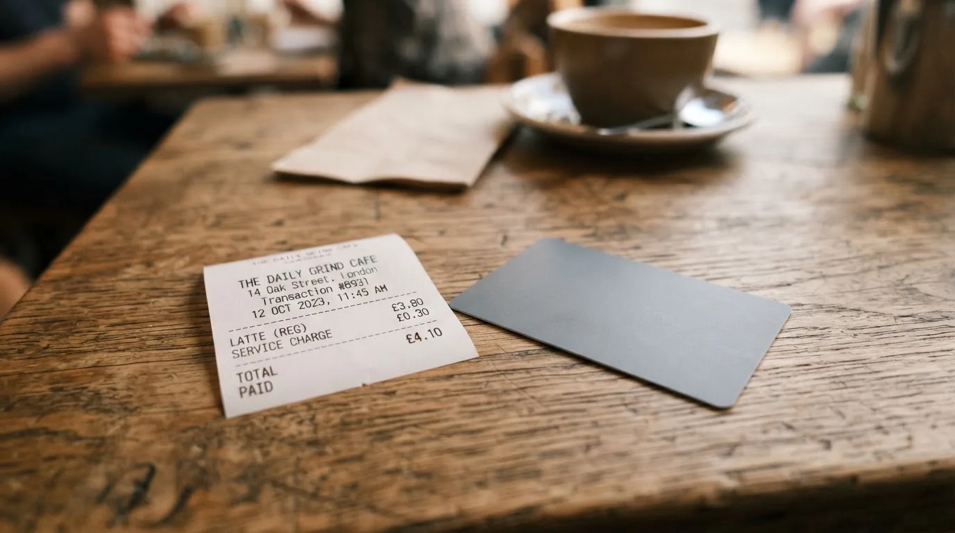 A receipt and a card on a café table