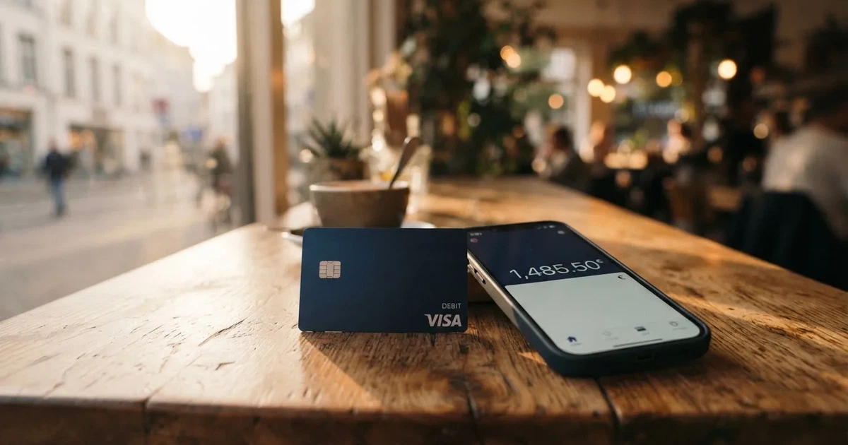 A payment card next to a phone with a crypto wallet app open