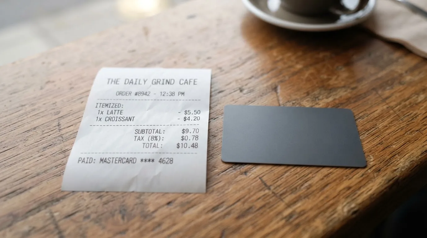 A receipt and a card on a café table
