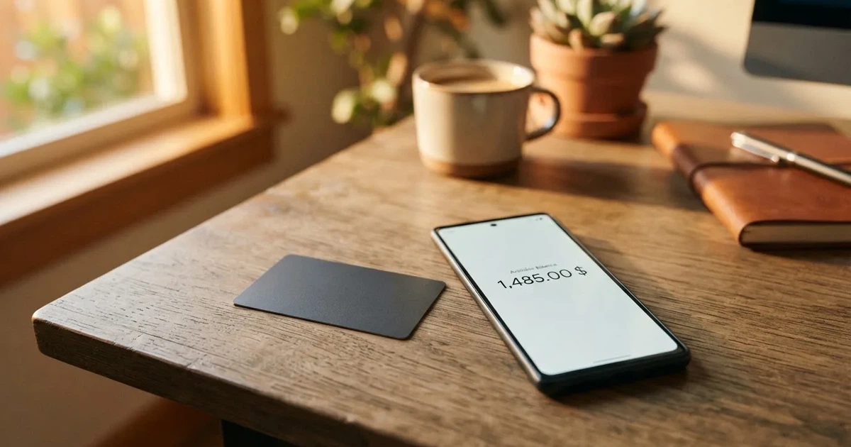 A payment card next to a phone with a crypto wallet app open