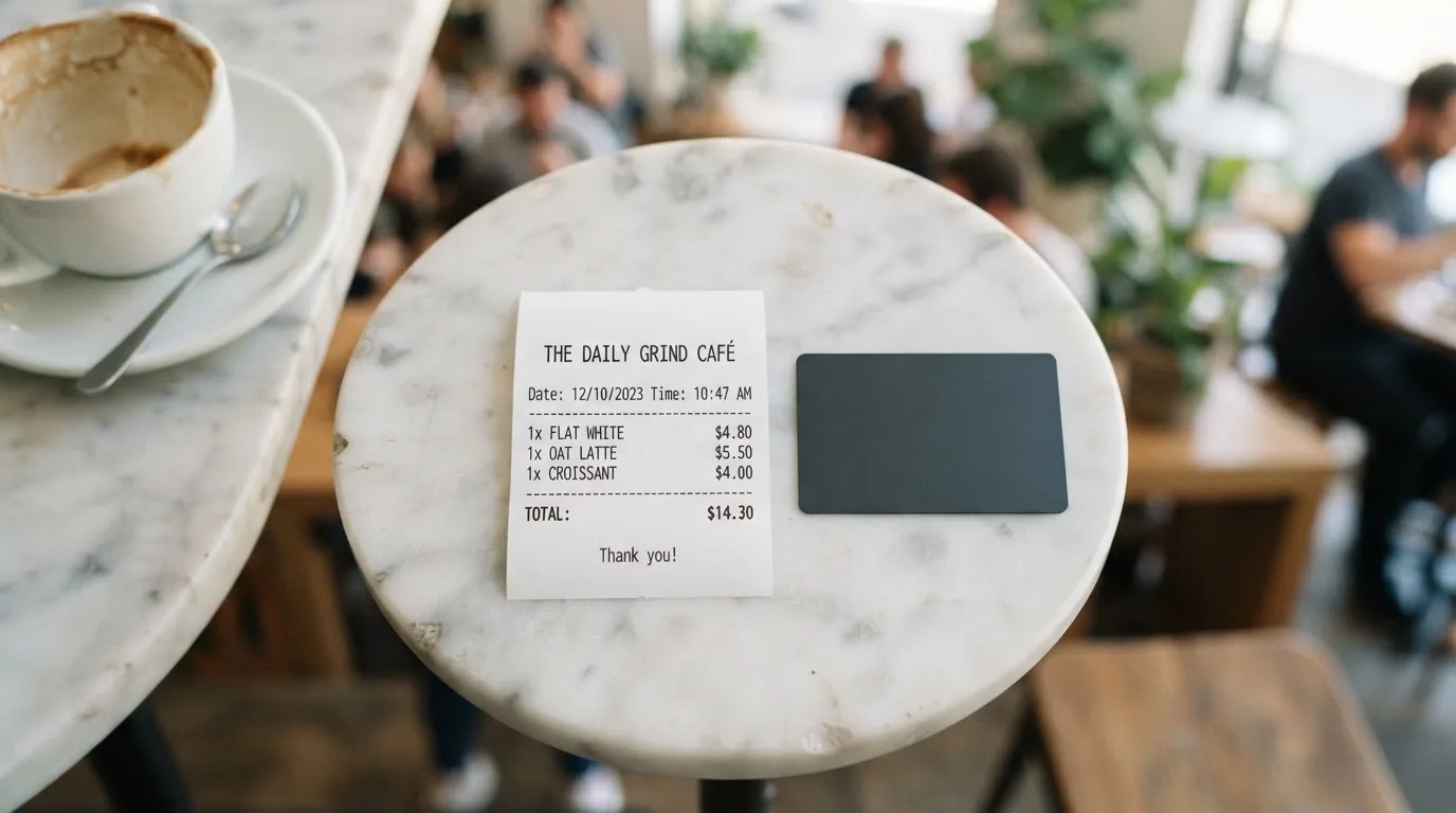 A receipt and a card on a café table