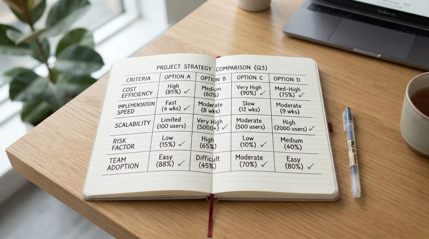 A notebook with a hand-drawn comparison table and a pen