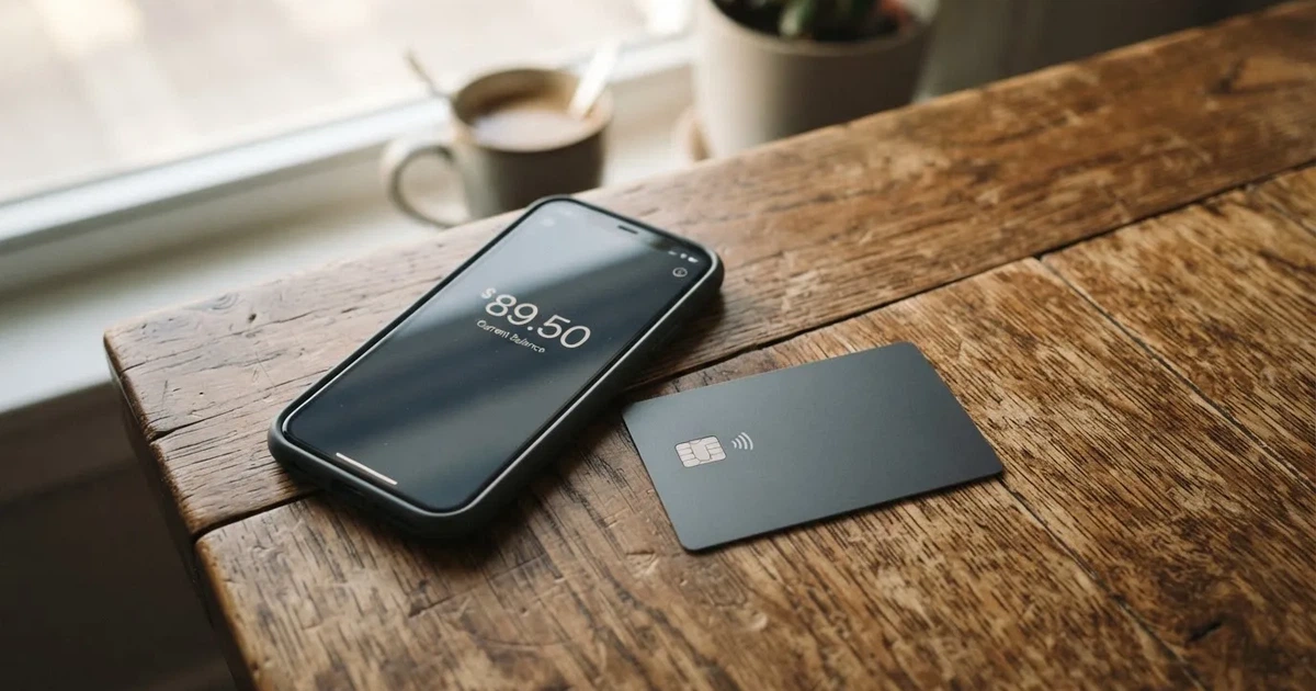 A payment card next to a phone with a crypto wallet app open