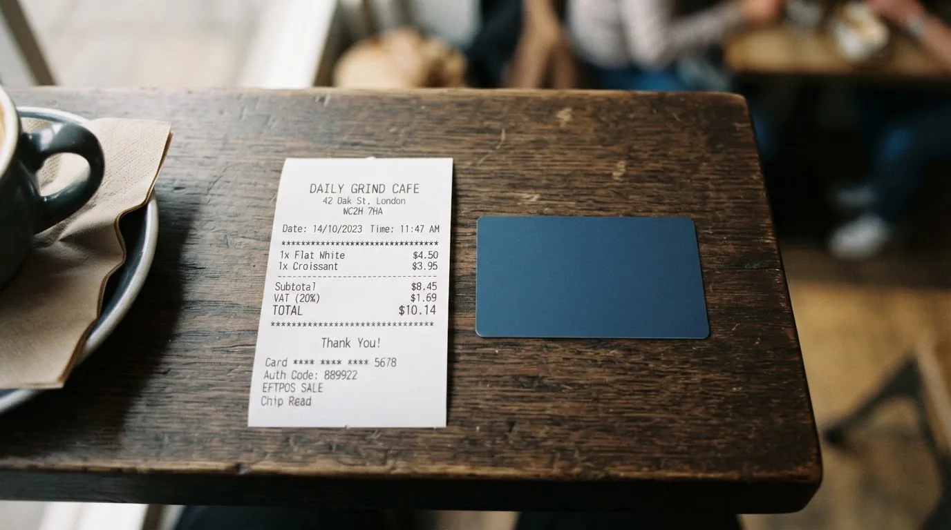 A receipt and a card on a café table