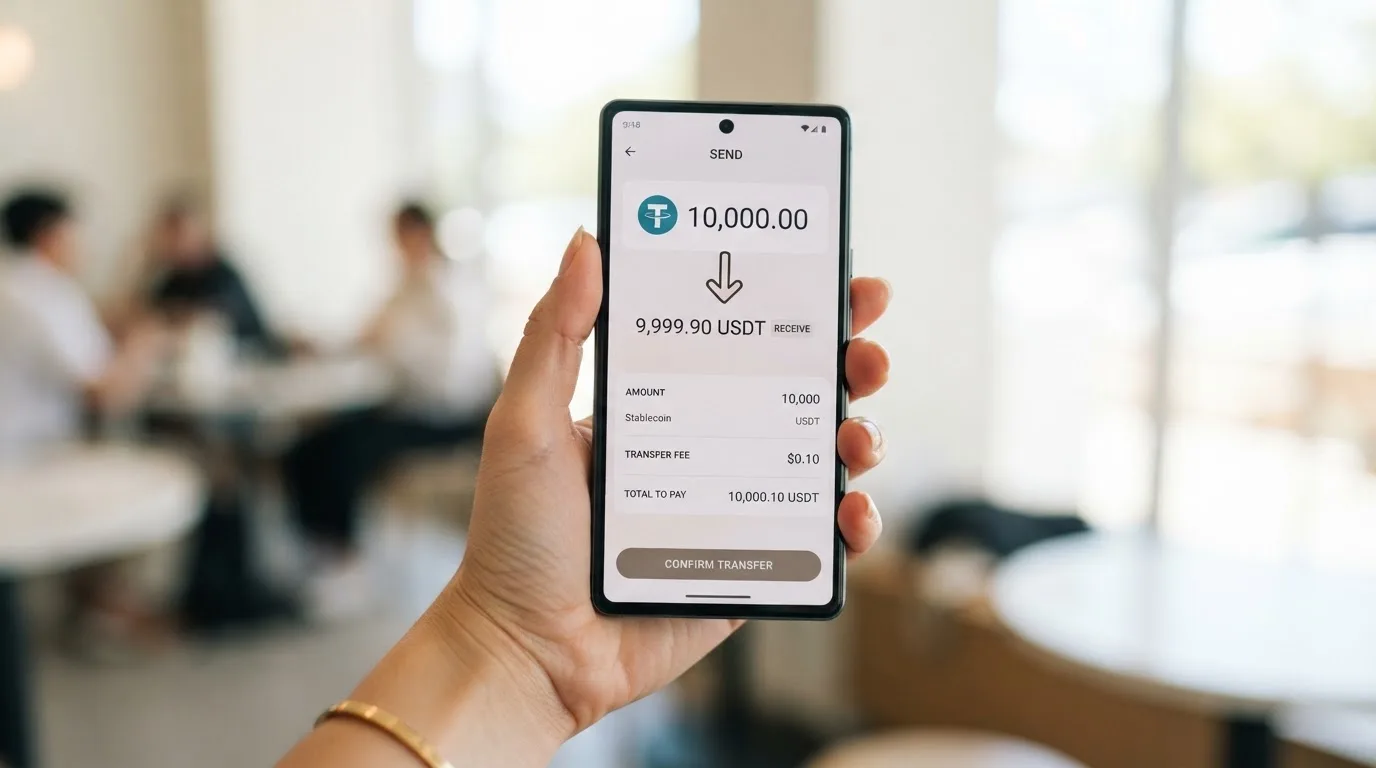 A phone showing a stablecoin transfer screen