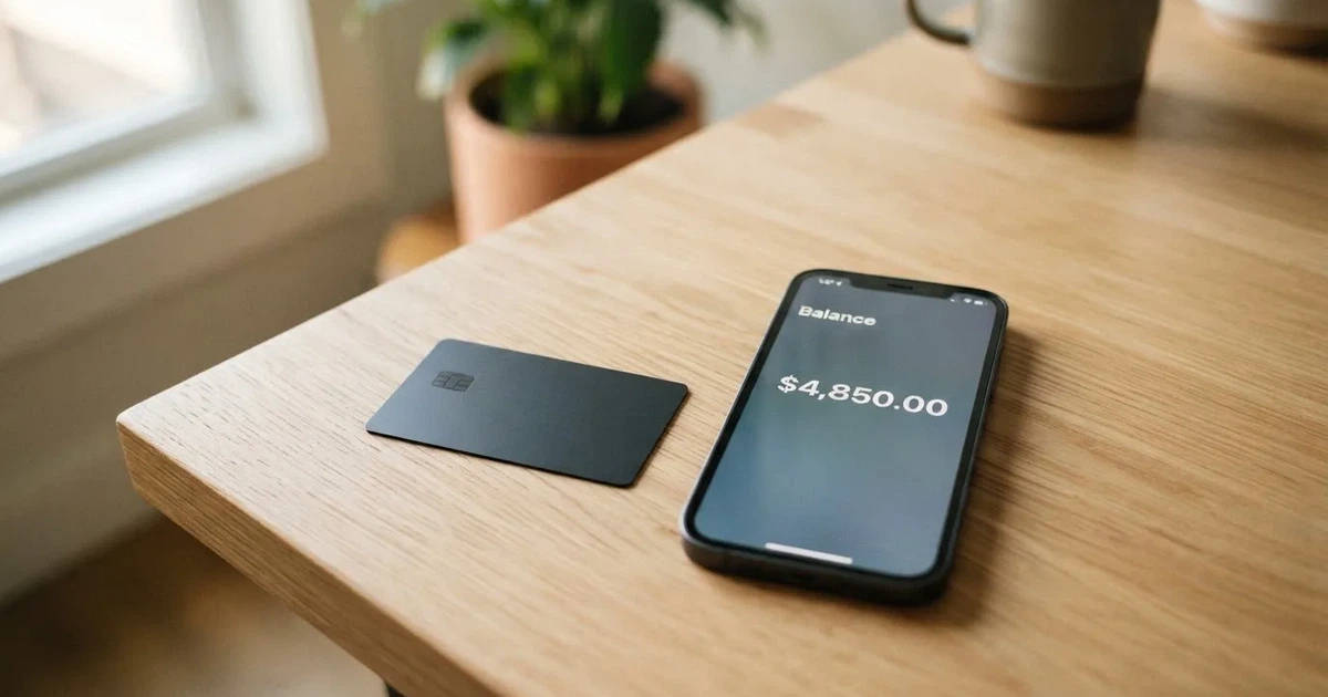 A payment card next to a phone with a crypto wallet app open