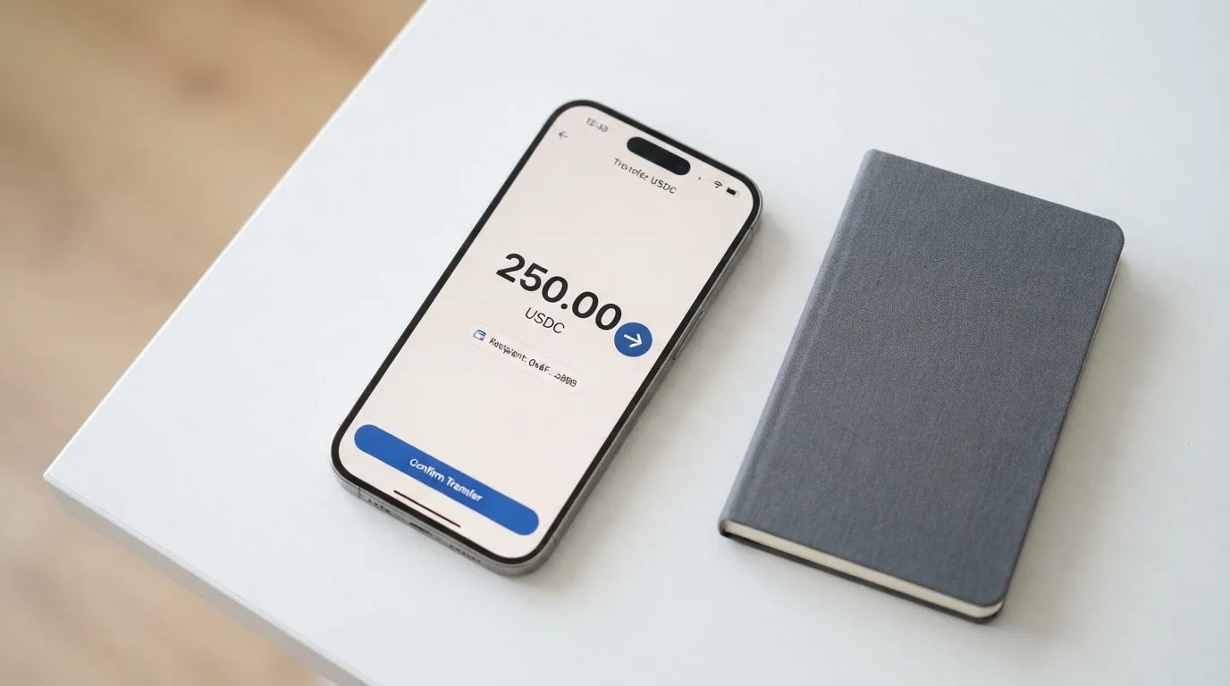 A phone showing a stablecoin transfer screen