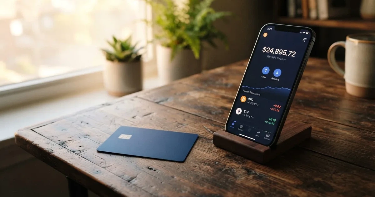 A payment card next to a phone with a crypto wallet app open
