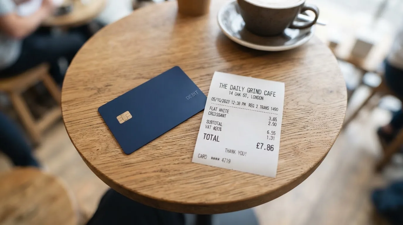 A receipt and a card on a café table