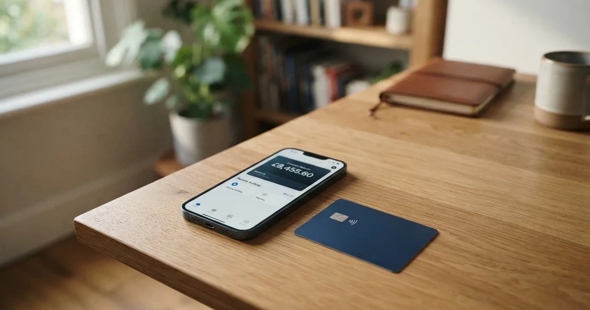 A payment card next to a phone with a crypto wallet app open