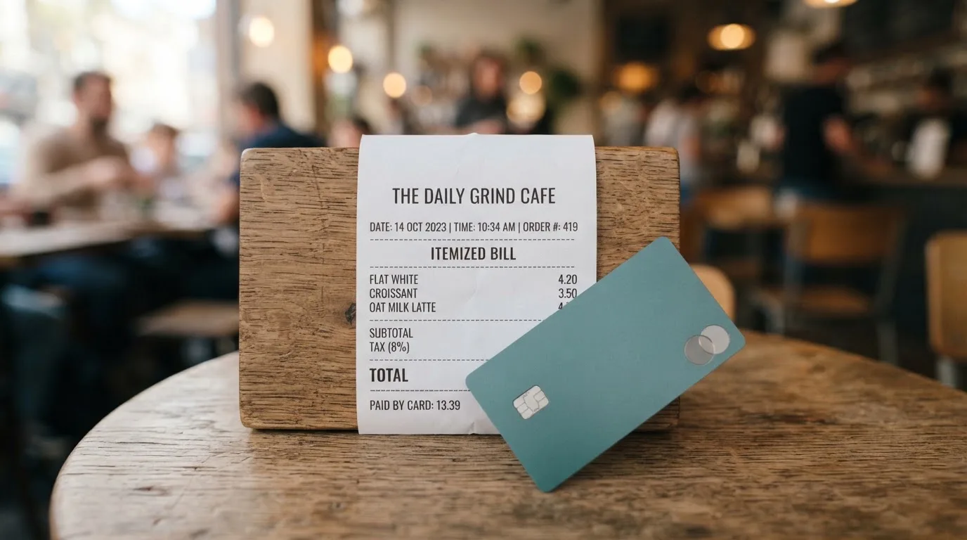 A receipt and a card on a café table