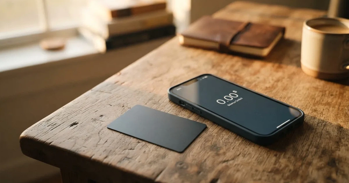 A payment card next to a phone with a crypto wallet app open