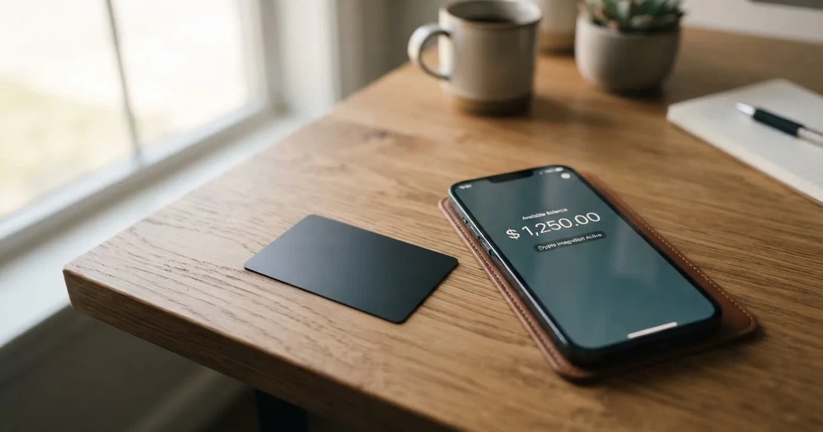 A payment card next to a phone with a crypto wallet app open