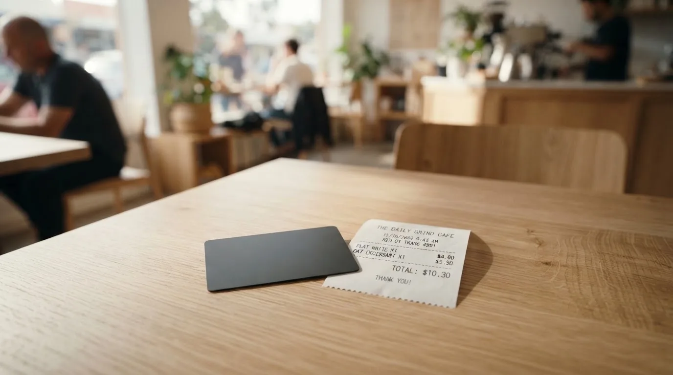 A receipt and a card on a café table