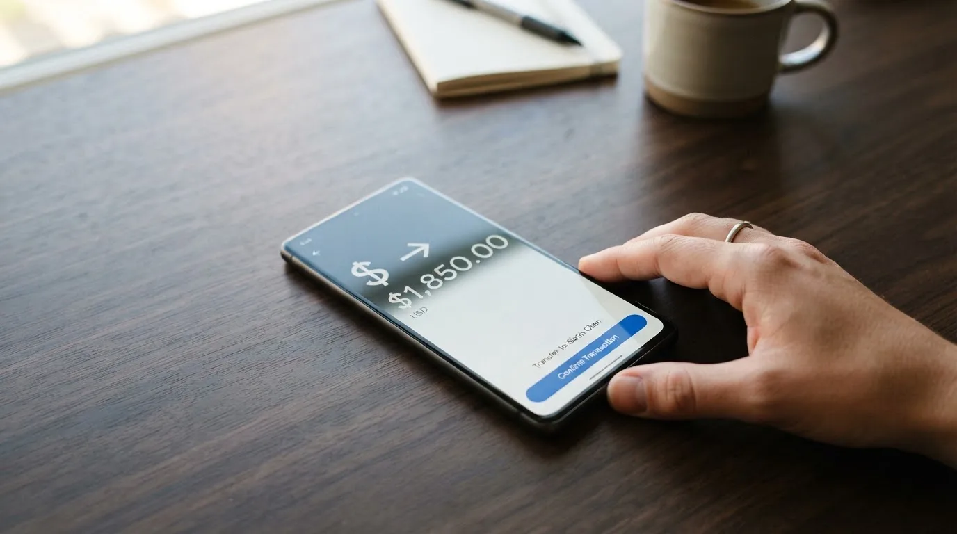 A phone showing a stablecoin transfer screen