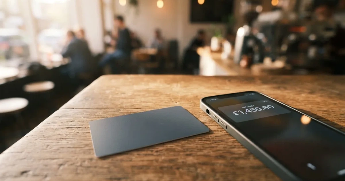 A payment card next to a phone with a crypto wallet app open