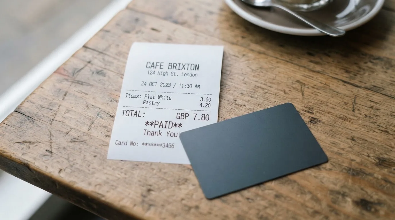 A receipt and a card on a café table