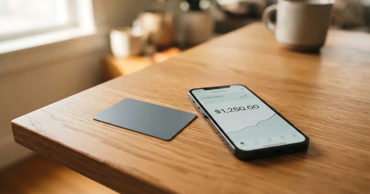 A payment card next to a phone with a crypto wallet app open
