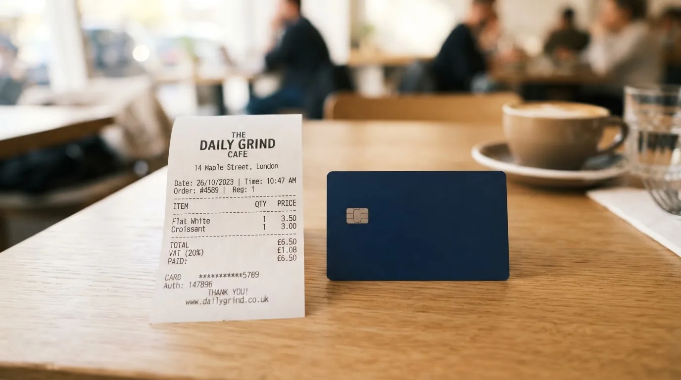 A receipt and a card on a café table