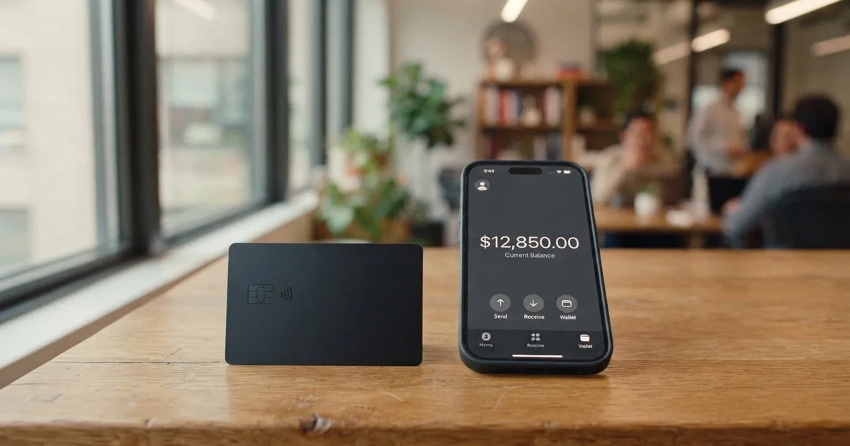 A payment card next to a phone with a crypto wallet app open