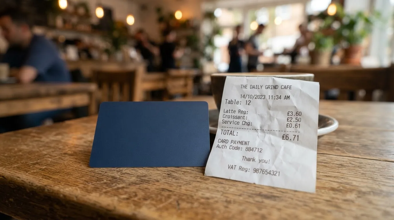 A receipt and a card on a café table