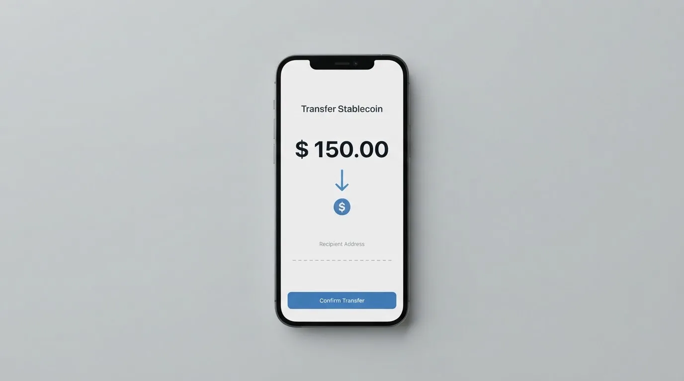 A phone showing a stablecoin transfer screen