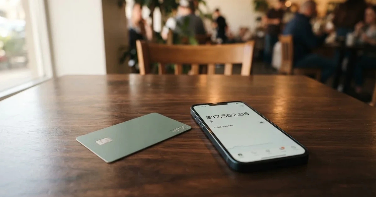 A payment card next to a phone with a crypto wallet app open