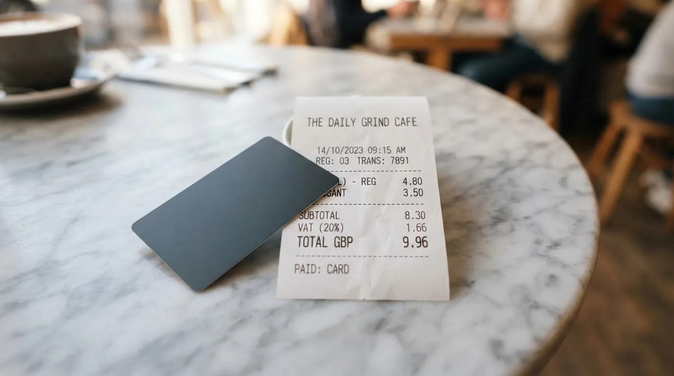 A receipt and a card on a café table