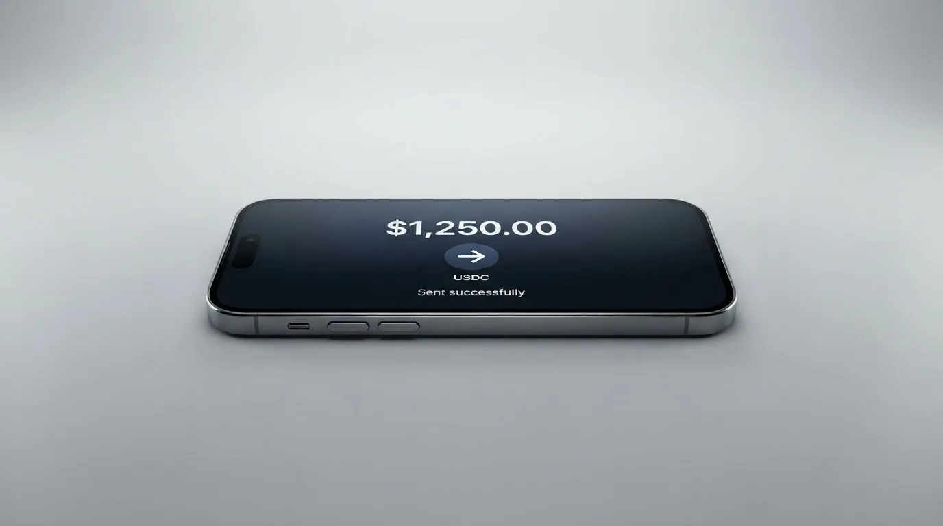 A phone showing a stablecoin transfer screen