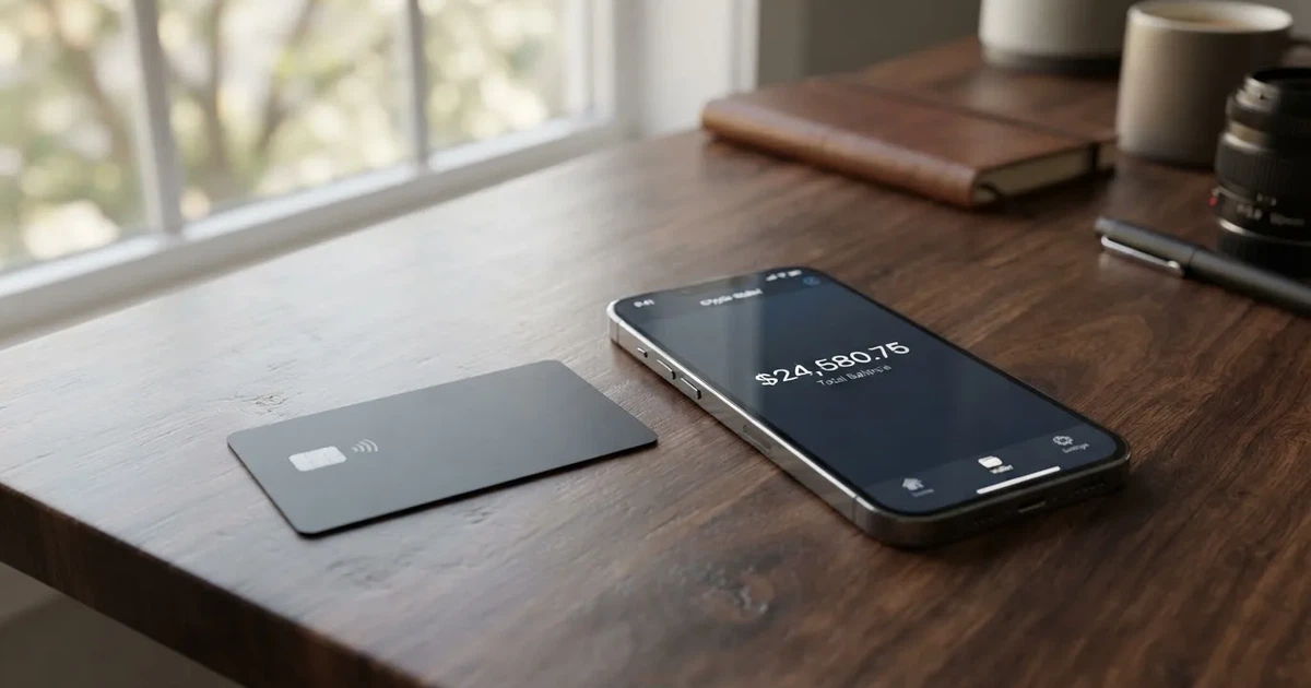 A payment card next to a phone with a crypto wallet app open