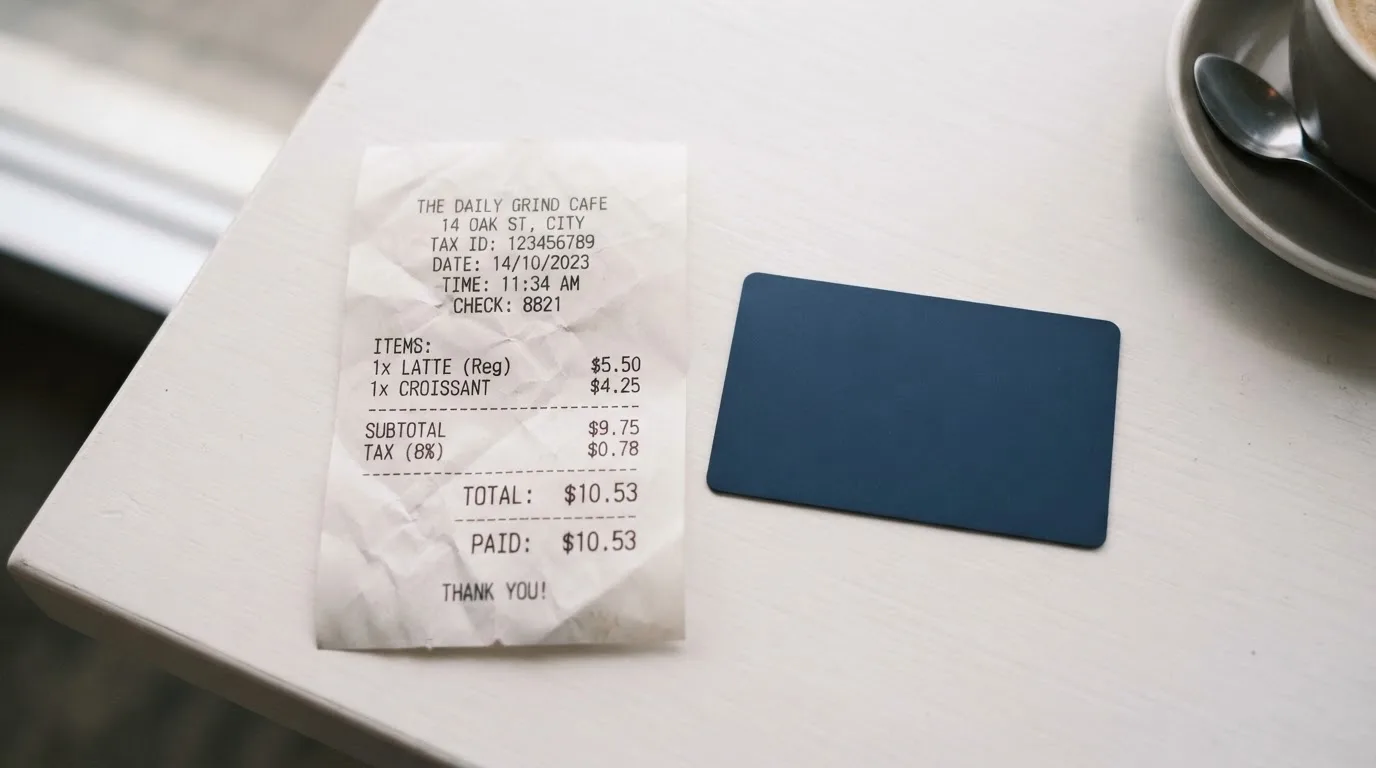A receipt and a card on a café table