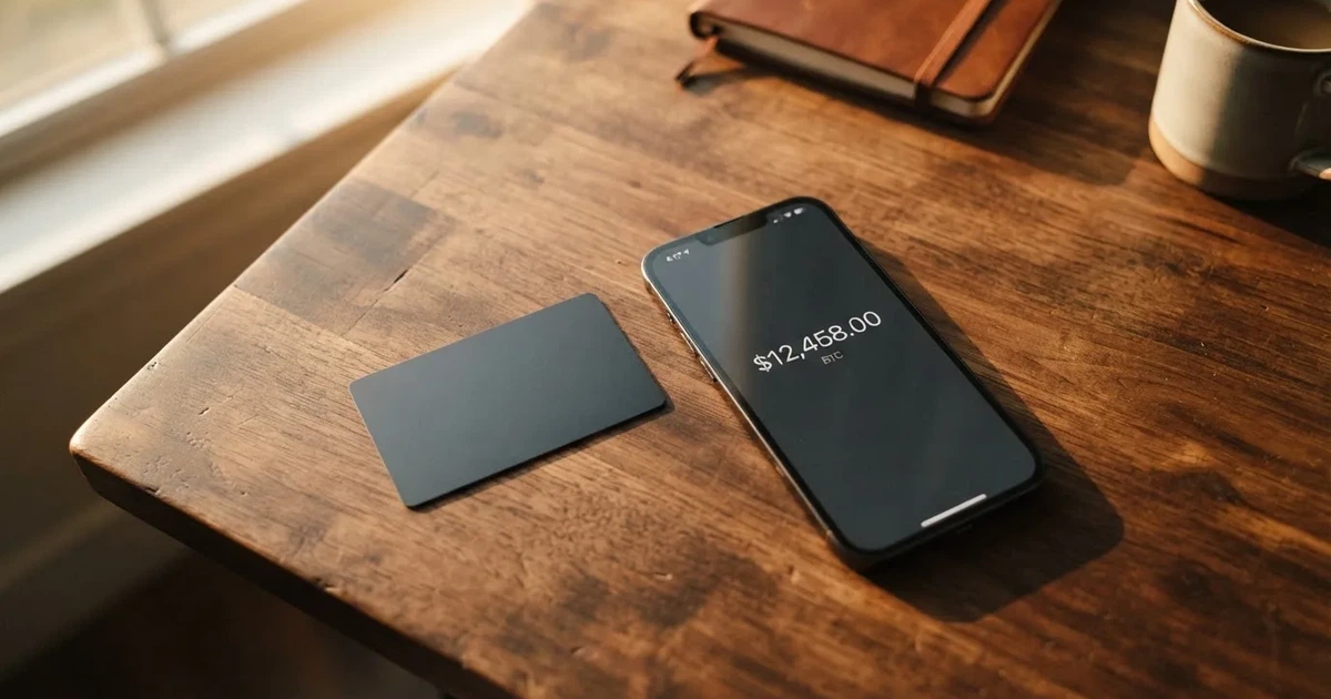 A payment card next to a phone with a crypto wallet app open