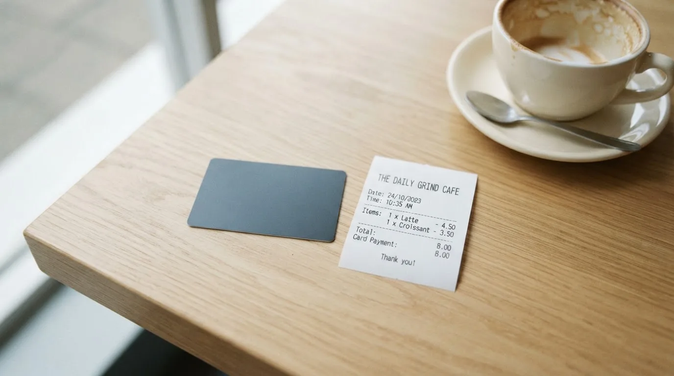 A receipt and a card on a café table